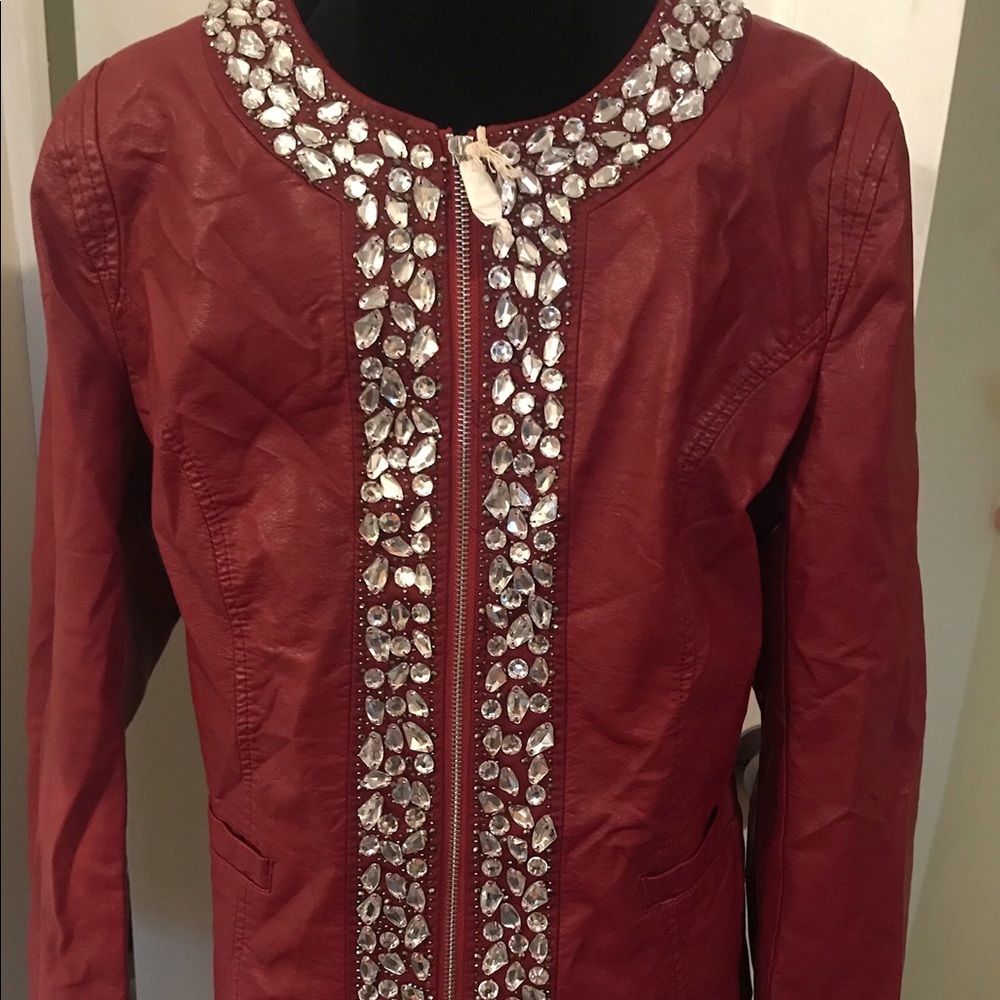 #239 Red Pleather Jacket w/ Rhinestone Detail XL